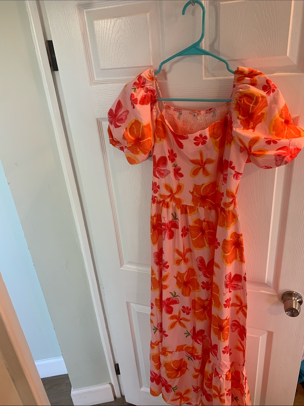 Hibiscus Floral Puff Sleeve Midi Dress - Bright Orange & Coral Blooms